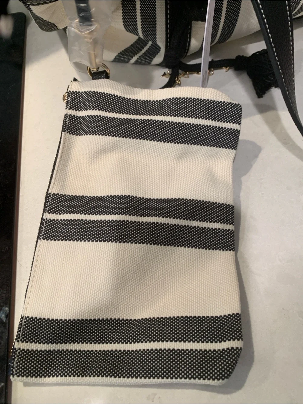 House of Harlow Black and White Striped Canvas Tote Fish Tassel Pouch NWT